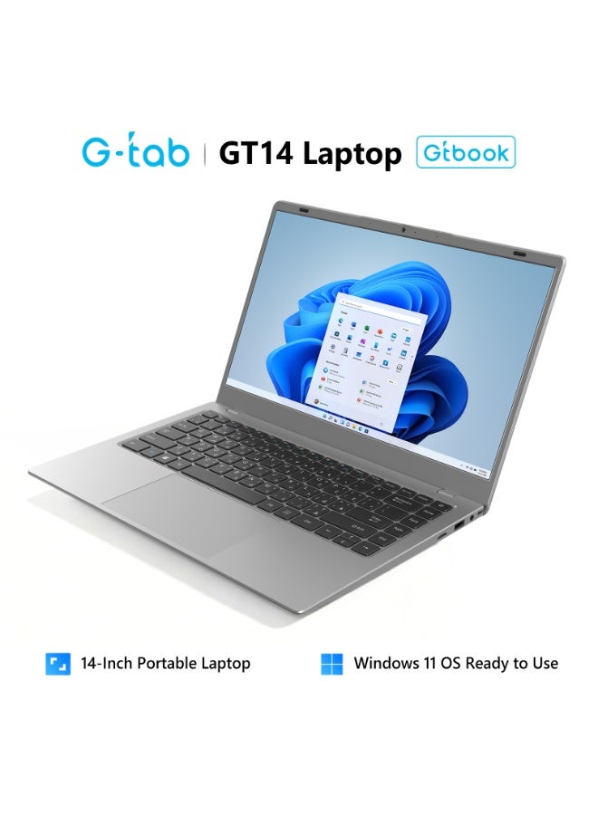 جي تاب لابتوب G-Tab GT14 بشاشة 14 بوصة FHD، معالج Intel Pentium Gold، ذاكرة RAM بسعة 8 جيجابايت، سعة تخزين 256 جيجابايت SSD، نظام Windows 11، لوحة مفاتيح إنجليزي وعربي، لون رمادي english_arabic None - Image 1